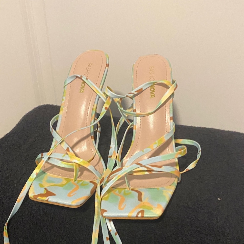 Fashion Nova Strappy Heels - Blue and Yellow